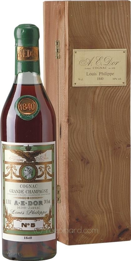 A.E. Dor Vieille Reserve No. 5 Cognac, Grande Champagne Region, Louis Philippe Designation, Vintage Wax Button & Original Wooden Case - Rue Pinard